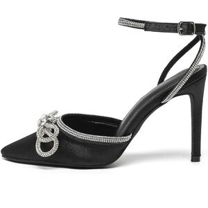 Black Satin Heels with Crystal Bow. Worn twice